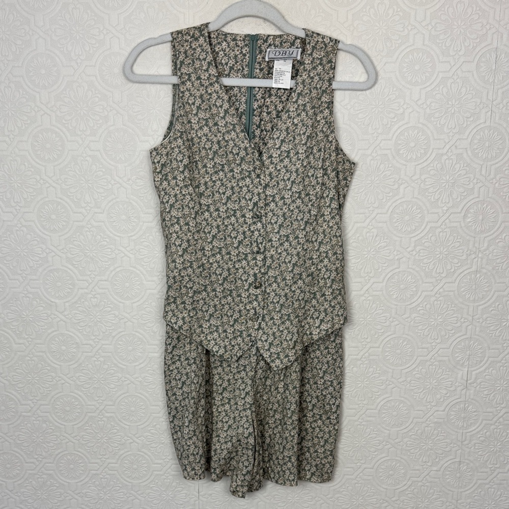 Vintage DBJ Floral Romper Skort Dress Green Daisy Print Button Front Size 6